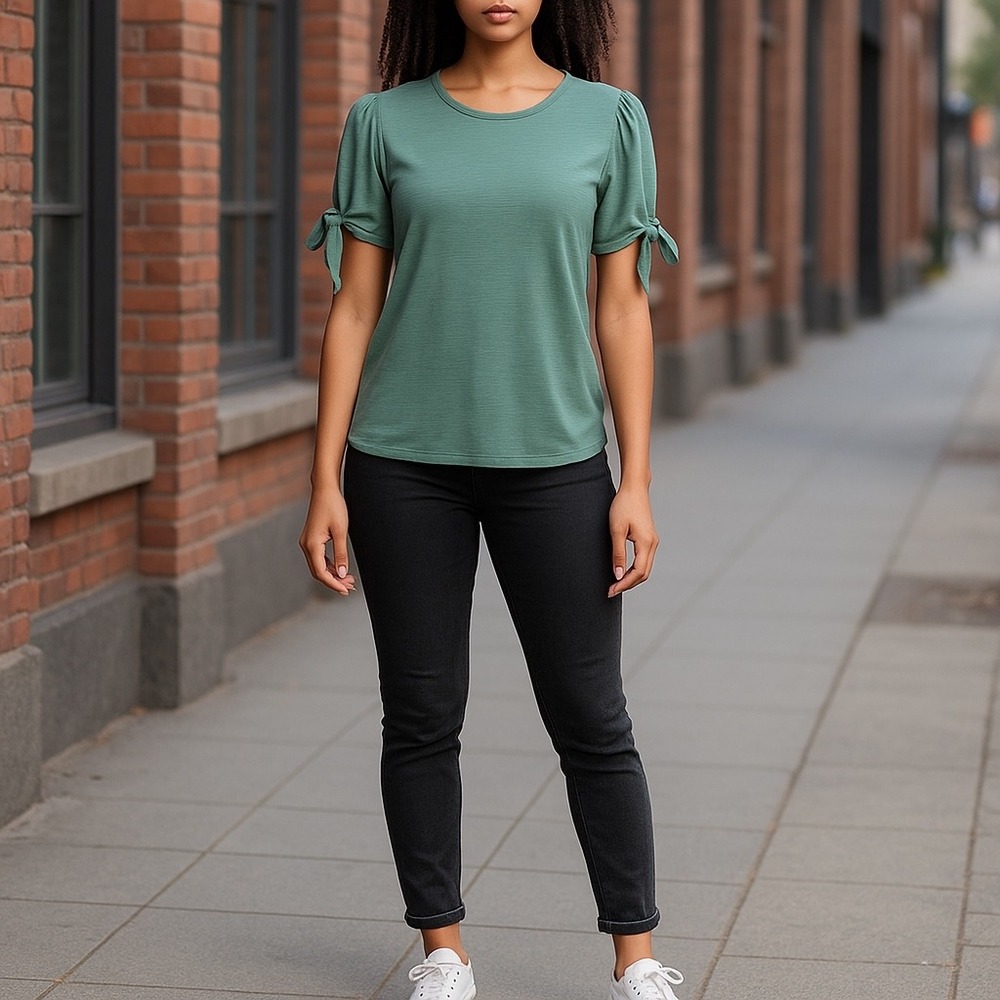 Green Envelope Women's Green Tie Short‎ Sleeve Top Size Large-Casual Serene